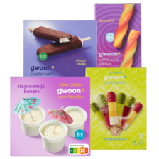 g’woon slagroomijsbekers,
tornado’s, knetterijsjes, vruchtenijs
peer of chocosticks